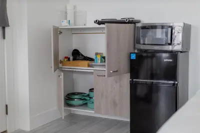 a kitchen with a black refrigerator and a microwave at Manhattan Bridge-Brooklyn-UN Private Suite Bath in Brooklyn