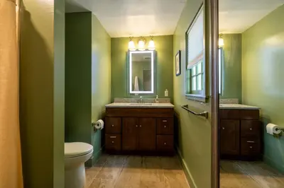 a bathroom with green walls and a toilet and a mirror at Wilder House Berkshires in Sheffield