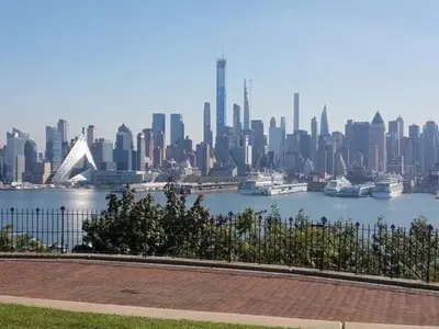 a view of a city with boats in the water at Private Room A-KING BED-12Mints NYCity Times Square in West New York