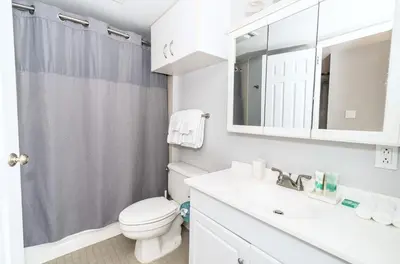 a bathroom with a toilet and a sink and a mirror at Spacious Apt Downtown in Stamford
