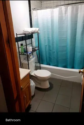 a bathroom with a toilet and a blue shower curtain at Conveniently located in the heart of the city in New York