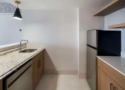a kitchen with a sink and a refrigerator at DoubleTree by Hilton Poughkeepsie in Poughkeepsie