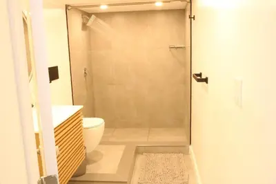 a bathroom with a shower with a toilet and a sink at Luxury king bed parking & washer in Schenectady