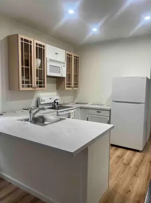 a white kitchen with a sink and a refrigerator at Renovated 3 bedroom for Professionals in Albany