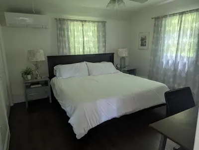 a bedroom with a large bed and two windows at Tranquil Getaway Cottage in Charming, Bethel CT in Bethel