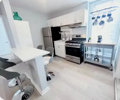 a kitchen with a stove and a refrigerator at Urban Zen in Montclair