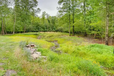 a grassy field with trees in the background at Stylish Catskills Retreat Year-Round Adventure! in Round Top