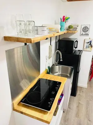 a kitchen with a sink and a microwave at Catskills, The Bohemian Dream in Shandaken