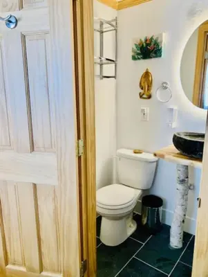 a bathroom with a toilet and a sink at Catskill Cabin Bird of Paradise 7 in Shandaken