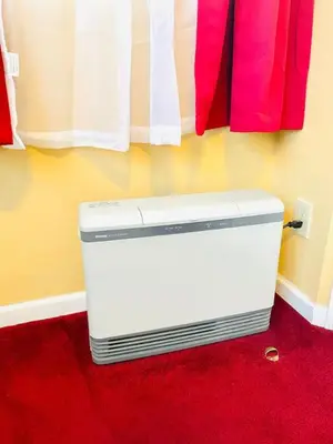 a white refrigerator sitting in a room with red carpet at Catskill Cabin The Flamingo Suite 5 in Shandaken