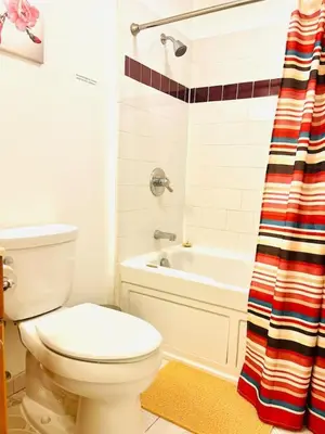 a bathroom with a toilet and a tub and a shower curtain at Lotus Family Suite w 2 Beds Kitchenette 4 in Shandaken