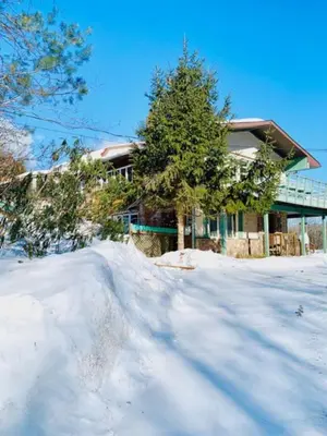 a house in the snow with a tree in front of it at Catskill Cabin Hummingbird Suite 2 in Shandaken