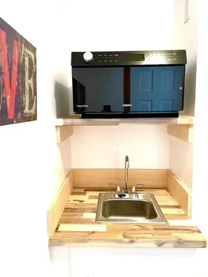 a kitchen with a sink and a microwave at Catskill Cabin Hummingbird Suite 2 in Shandaken