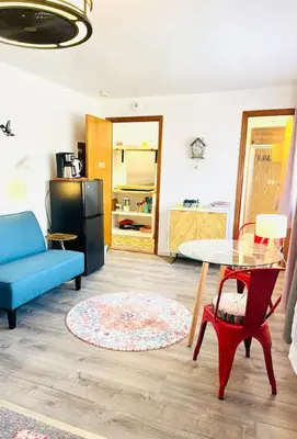 a living room with a blue couch and a table at Catskill Cabin Hummingbird Suite 2 in Shandaken
