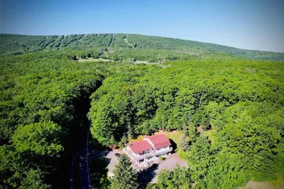 an aerial view of a house in the middle of a forest at Guest Favorite Garuda Apartment 8 in Shandaken