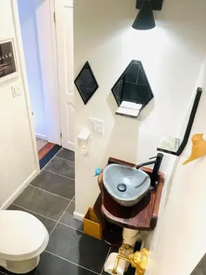 a bathroom with a sink and a toilet at Catskill Cabin Zen Mantra Apt in Shandaken
