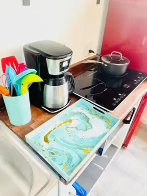a kitchen counter with a coffee pot on a stove at Catskill Cabin Zen Mantra Apt in Shandaken