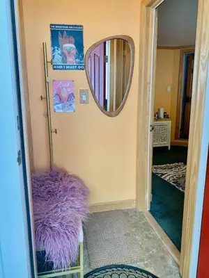 a room with a mirror and a purple carpet at Catskill Cabin Apres Ski in Shandaken