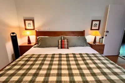a bedroom with a large bed with a plaid blanket at The Mod Cabin in Bearsville