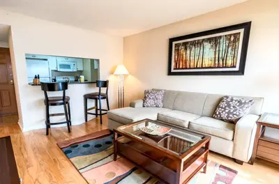 a living room with a couch and a table at Serene Apt Downtown in Stamford
