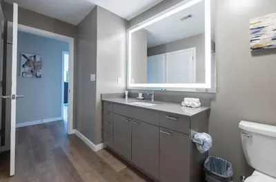 a bathroom with a sink and a mirror at Luxury Apt On Harbor in Stamford