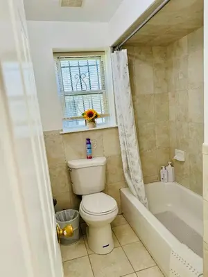 a bathroom with a toilet and a tub and a window at Cozy Evergreen Apartment by Newark Airport in Newark