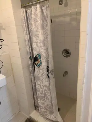 a shower curtain with a butterfly on it in a bathroom at 2265 Bruckner Blvd Apartments in Bronx