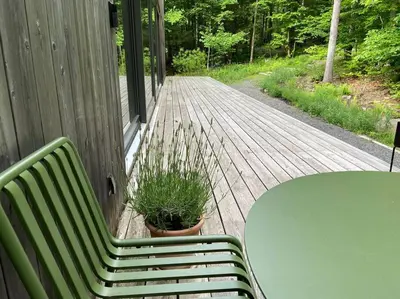 a green bench on a porch with a table and a plant at Modern Mountain Retreat in Mount Tremper