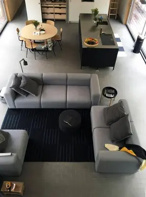 an overhead view of a living room with a couch and a table at Modern Mountain Retreat in Mount Tremper
