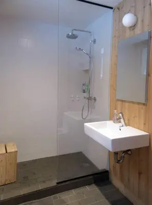 a bathroom with a shower and a sink at Modern Mountain Retreat in Mount Tremper