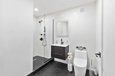 a black and white bathroom with a shower and a toilet at Luxe Studio with Charming Juliet Balcony in New York