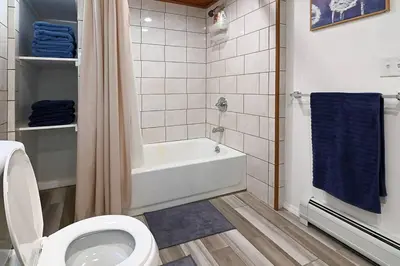 a bathroom with a toilet and a bath tub at Hidden Gem-1Bedroom with Plenty Free Street Parking in Communipaw