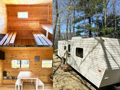 two images of an rv parked in the woods at Family Lake House Waterfront in Saugerties