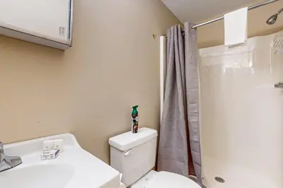 a bathroom with a white toilet and a shower at Dover Green 15F in Dover