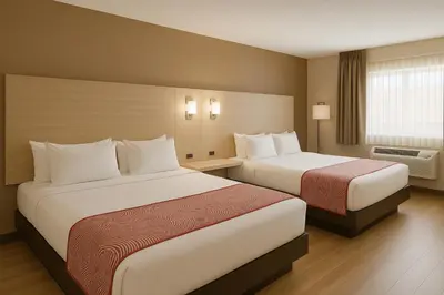 a hotel room with two beds and a window at Floral Park Motor Lodge in Floral Park