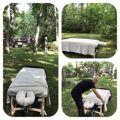 four pictures of a man making a bed in a yard at Midcentury Modern ZenHouse Sculptor Studio in Stamford