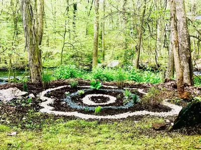 a flower garden in the middle of a forest at Midcentury Modern ZenHouse Sculptor Studio in Stamford