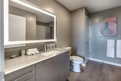 a bathroom with a sink and a toilet and a mirror at Modern Apt with Luxury Amenities in Stamford
