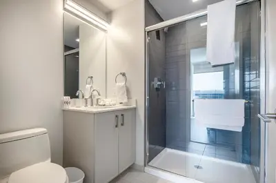 a white bathroom with a shower and a toilet at Luxury Apt Near Downtown in Stamford