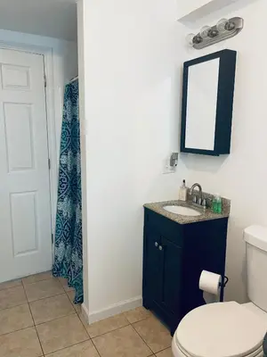 a bathroom with a toilet and a sink and a mirror at Angelica peaceful place in West Haven