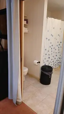 a bathroom with a toilet and a shower curtain at Mountain Lake Retreat in Clifton
