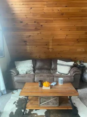 a living room with a couch and a coffee table at Corner's Cabin - A-Frame - Catskills NY in South New Berlin