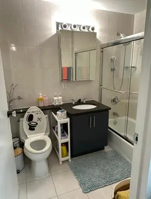 a bathroom with a toilet and a sink and a shower at Cozy apartment in New York in Woodside