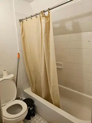 a bathroom with a toilet and a shower curtain at UD guest house in East Orange