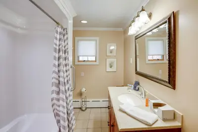 a bathroom with a sink and a mirror at 1 Mi to Dtwn Cottage with Large Yard in Stockbridge in Stockbridge