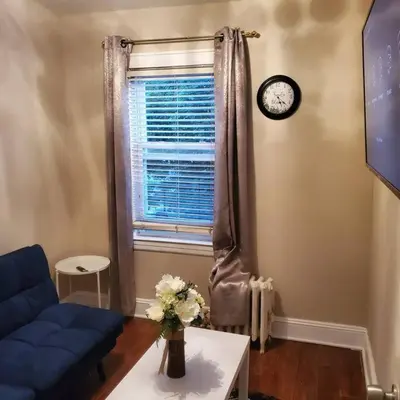 a living room with a blue couch and a window at Adorable 2 Bedrooms in Bellerose NY in Bellerose