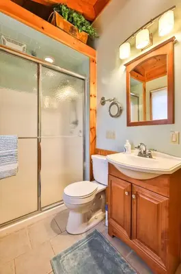 a bathroom with a shower and a toilet and a sink at 4 Bedroom Log Cabin with Stream and Great Location in Lanesville
