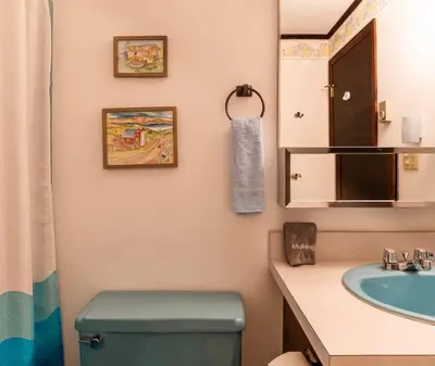 a bathroom with a toilet and a sink at Retro Retreat Charming Home with Hot Tub & Fire Pit in Hensonville