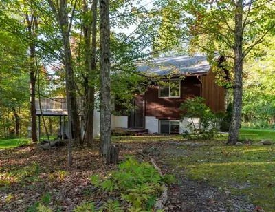a house with a group of trees in front of it at Retro Retreat Charming Home with Hot Tub & Fire Pit in Hensonville