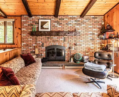 a living room with a couch and a fireplace at Retro Retreat Charming Home with Hot Tub & Fire Pit in Hensonville